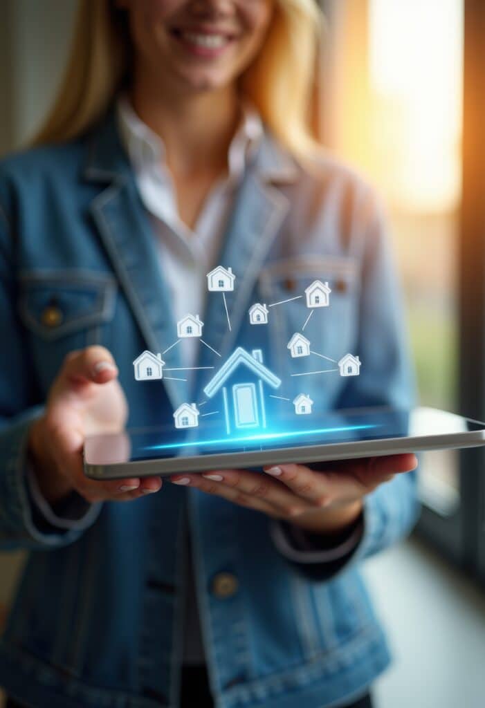 A woman holds a tablet displaying digital house icons, symbolizing real estate technology and virtual home listings. Ideal for property management and tech marketing.