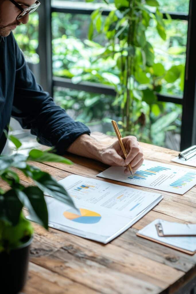 A brand consultant reviews a client’s personal branding materials, offering feedback on their visual and textual elements