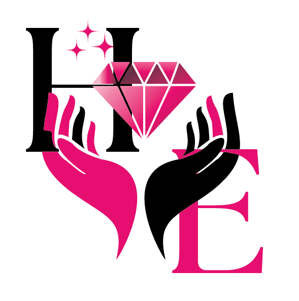 HOPE: Symbole puissant du diamant rose et des mains. Les lettres du mot HOPE: H noir, E rose. Un diamant rose vif, symbolisant le O et le P, est soutenu par une main rose et une main noire.